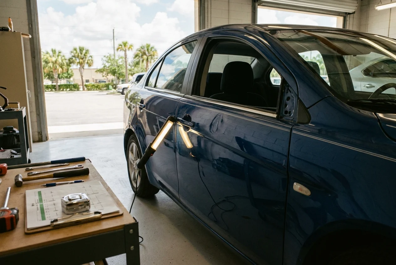 Technician inspects misaligned vehicle door and panel damage in a clean repair bay