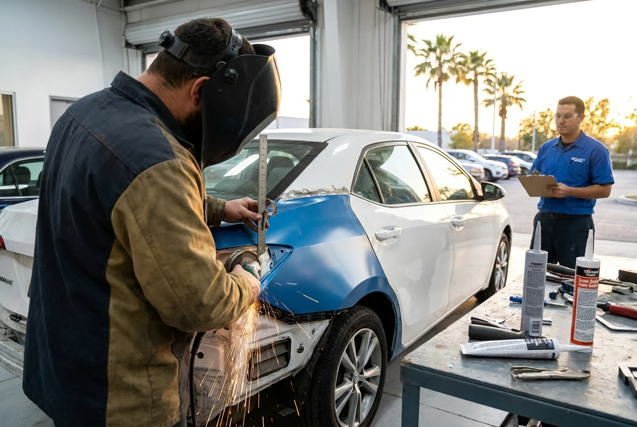 Technician aligns structural repair section while applying corrosion protection in body shop