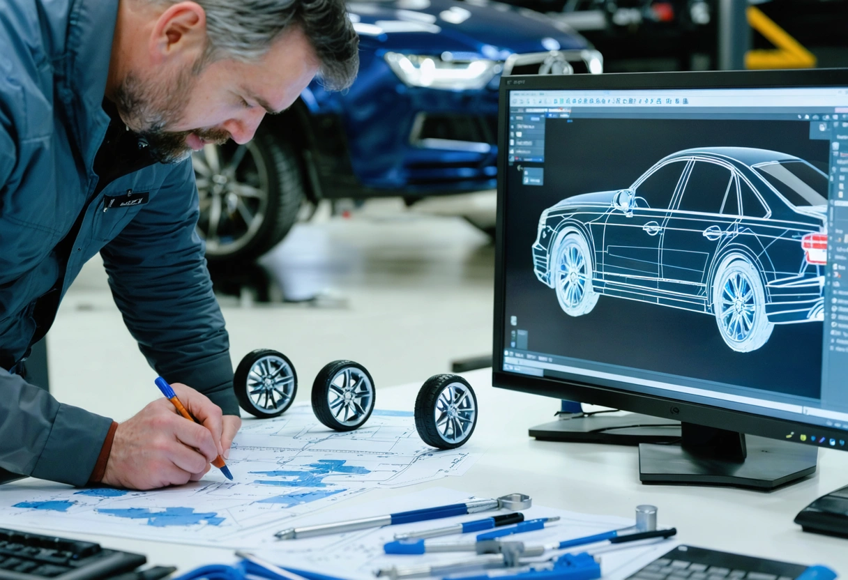Technicians analyze wheel geometry with precision alignment models and measuring tools