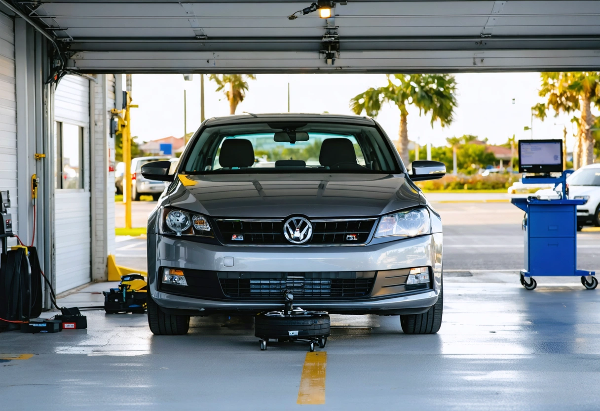 Repaired sedan and diagnostic tools await final road testing in delivery bay