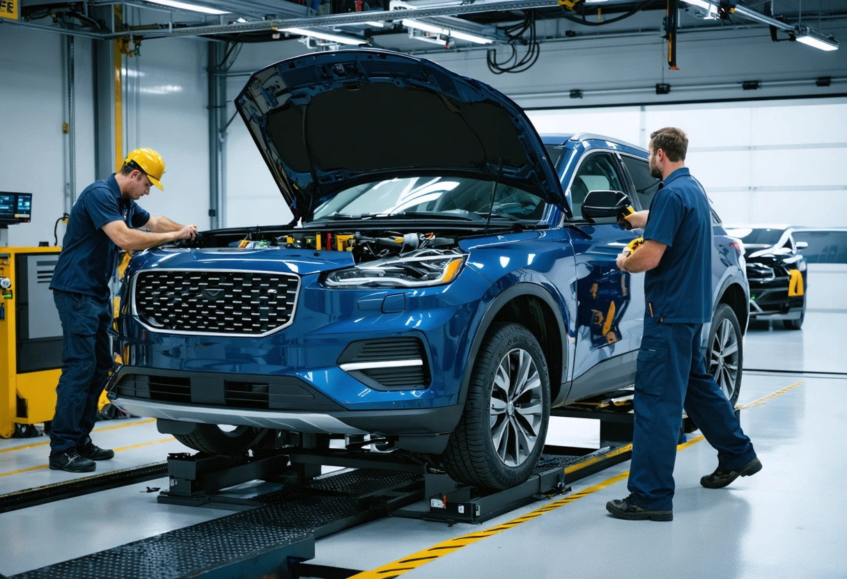 Technician checks ADAS sensor alignment and calibration on crossover in service bay