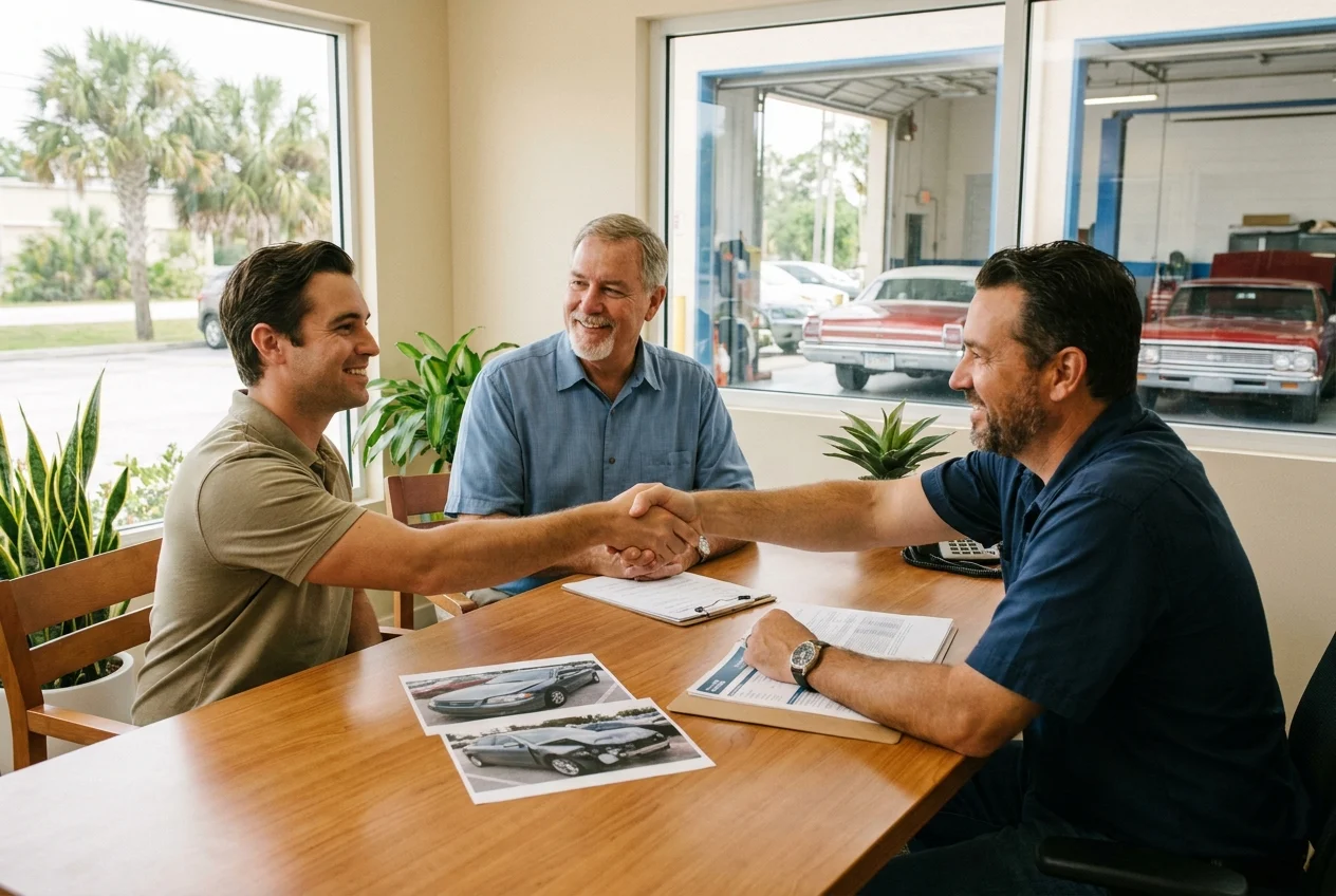 Claimant, appraiser, and repair expert review valuation documents with a handshake