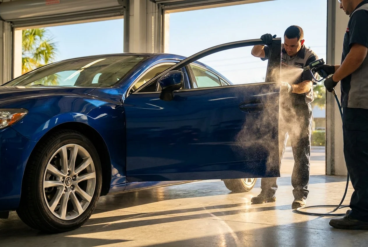 Technician aligns a repaired car door and checks seals with light water spray