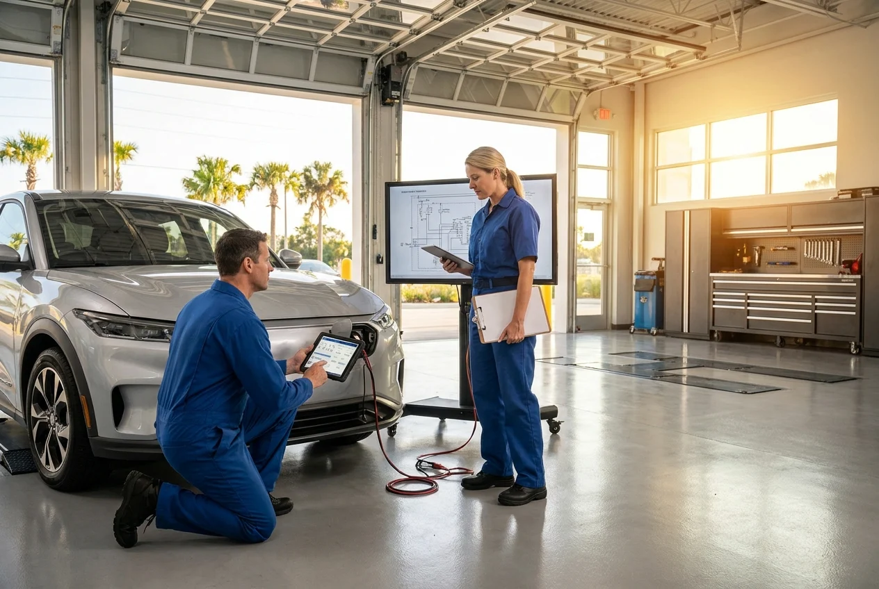 Technician reviews diagnostic equipment, wiring paths, and repair notes in bright collision shop
