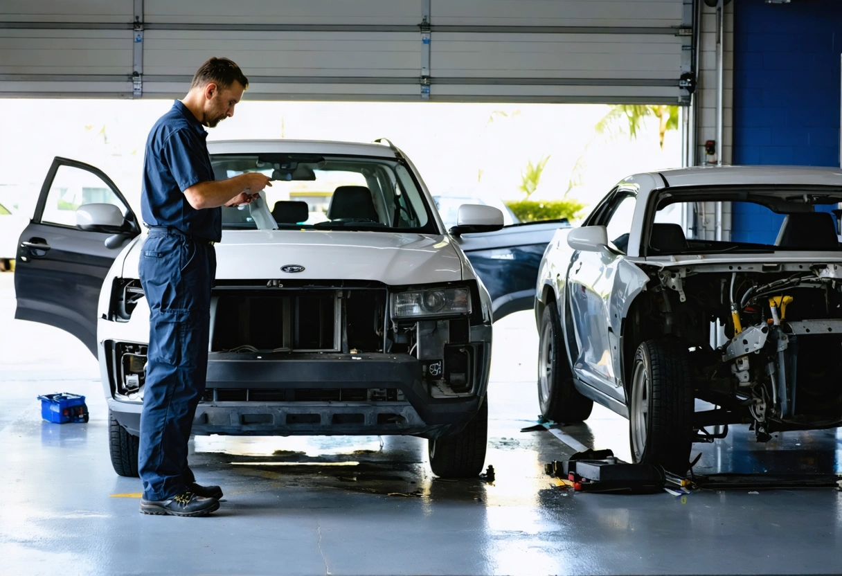Technician and owner inspect hidden structural damage beside a lightly damaged car