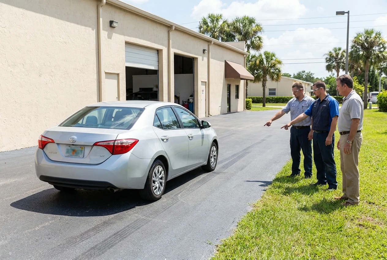 Alignment professionals observe a sedan dog tracking on a marked test lane