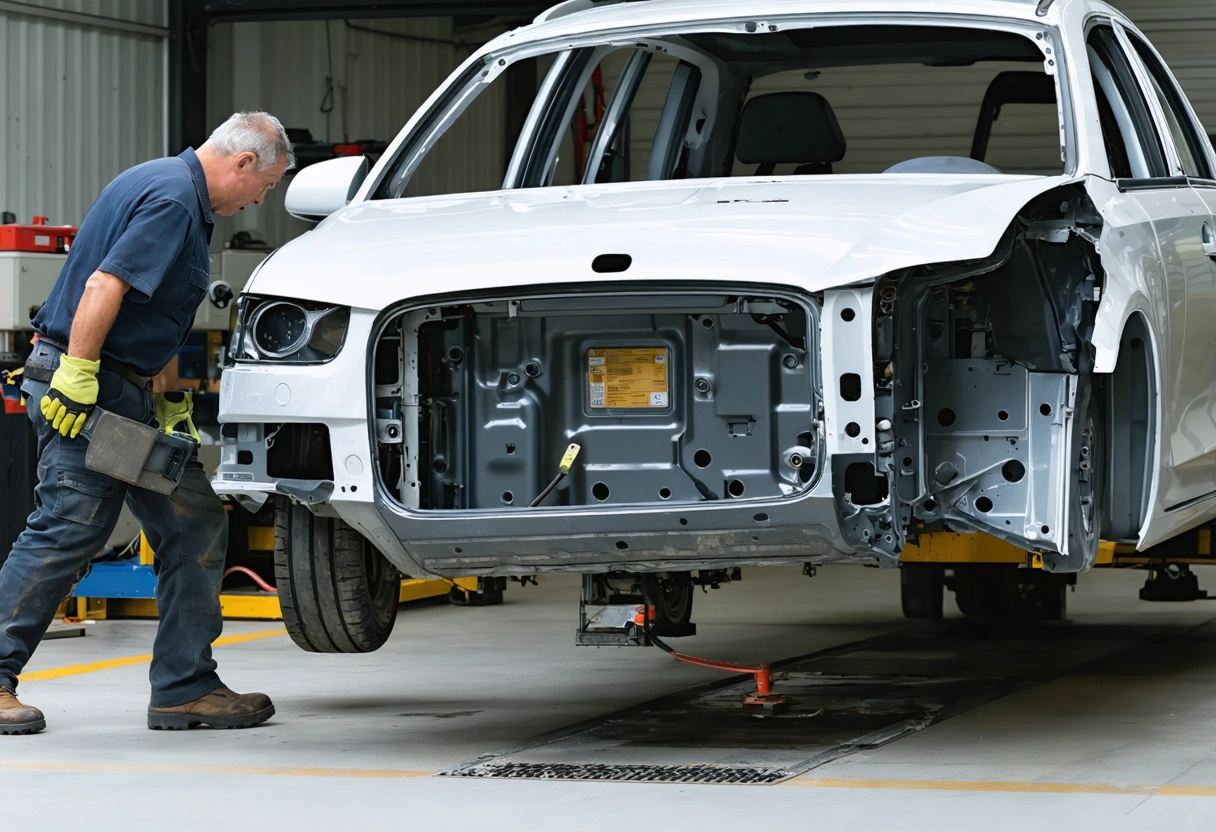 Technician inspects exposed structural area and sensor zones while another observes diagnostics