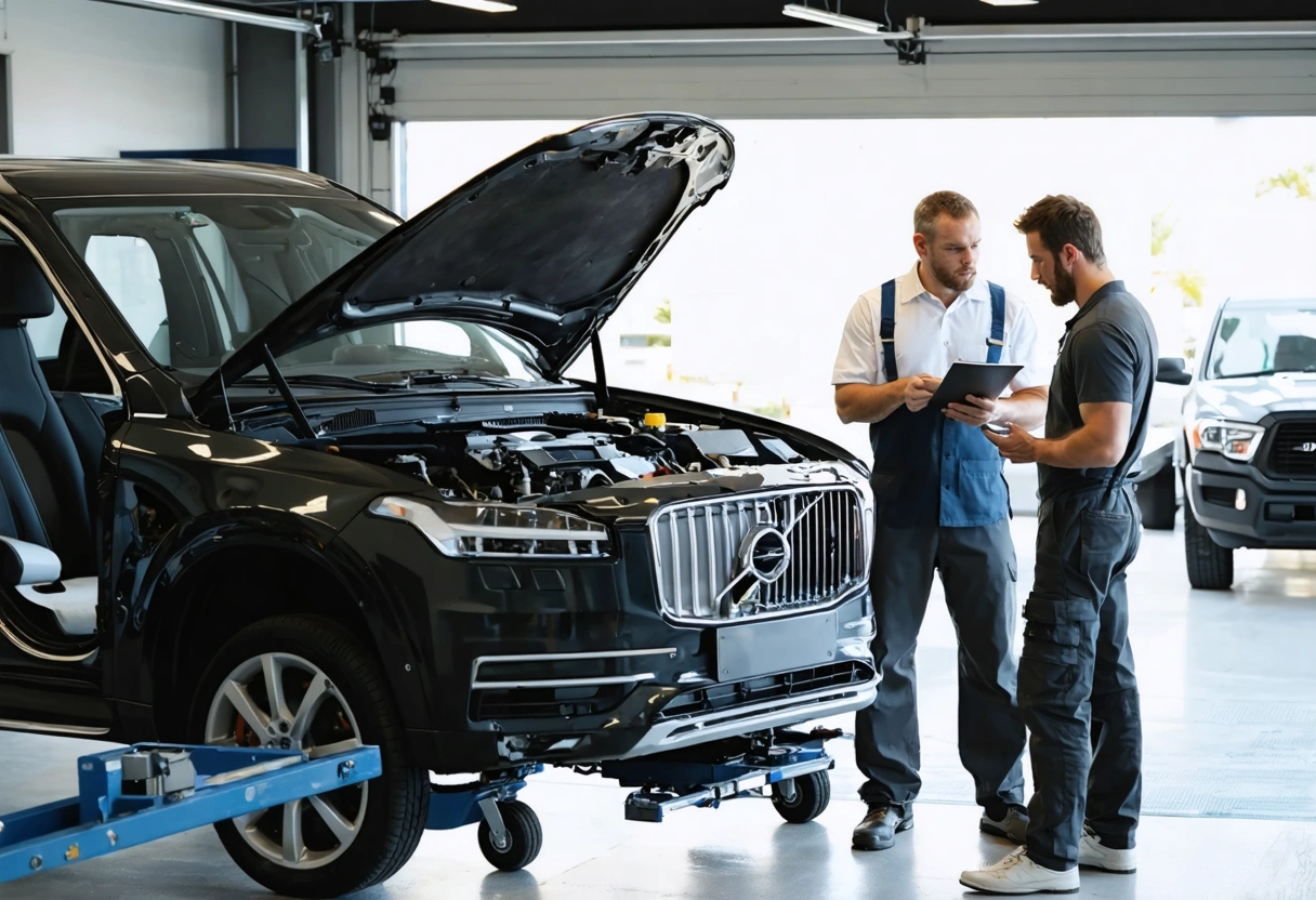 Technician and owner examine supplemental damage on a partially disassembled car