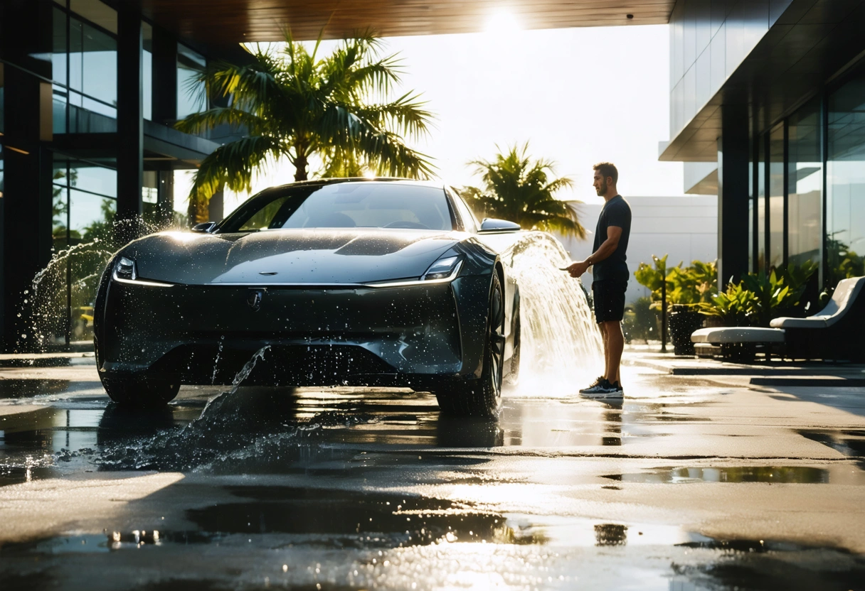 Vehicle exits touchless wash under Florida sun with staff nearby