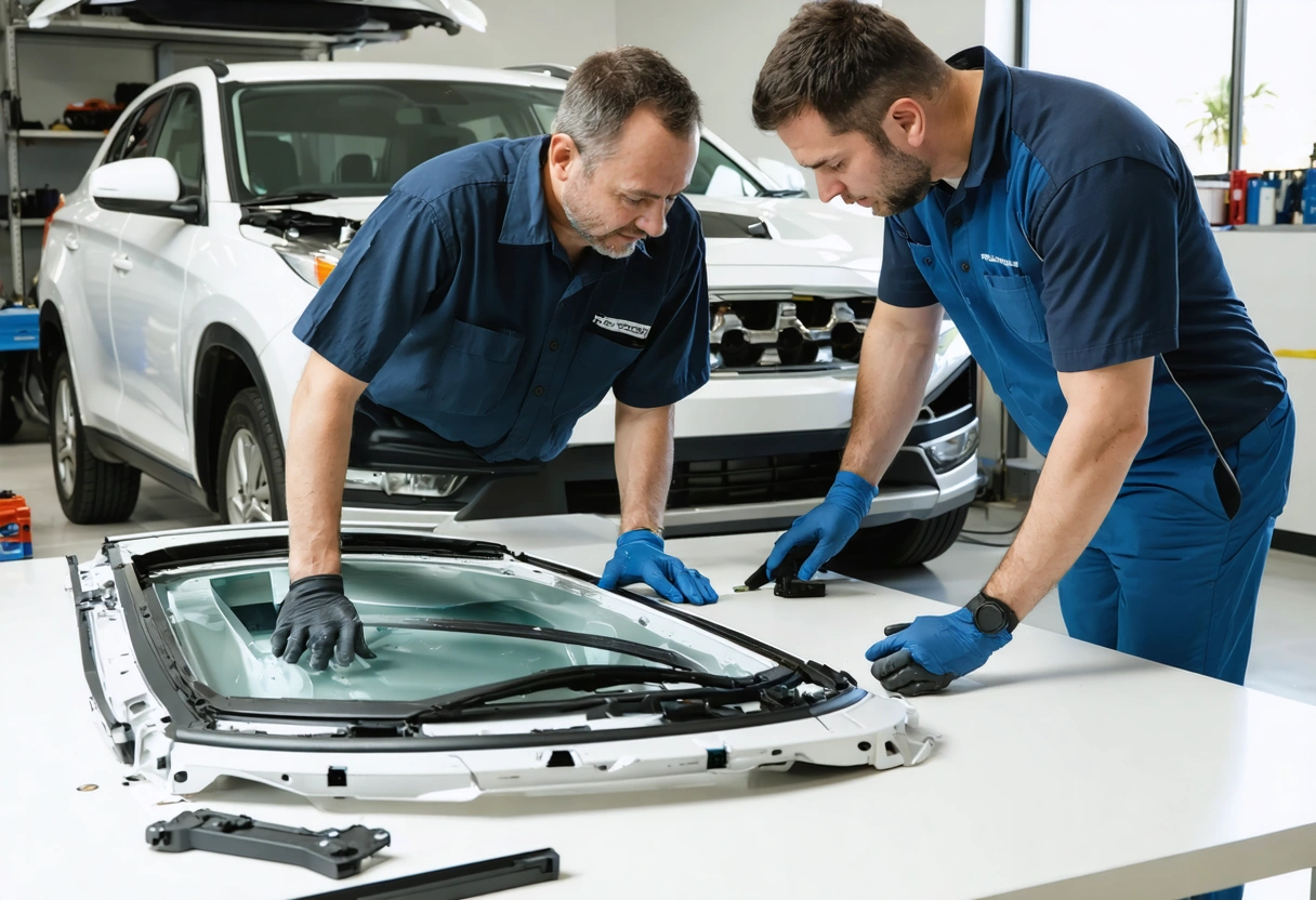 Two technicians examine separated door components on a worktable in an office area