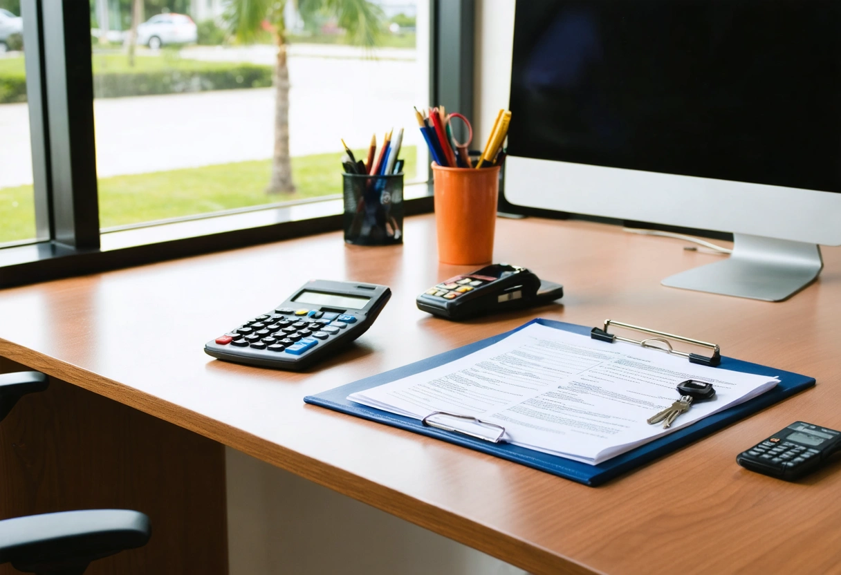 Auto body office desk with calculator, keys, clipboard, and appraisal folder