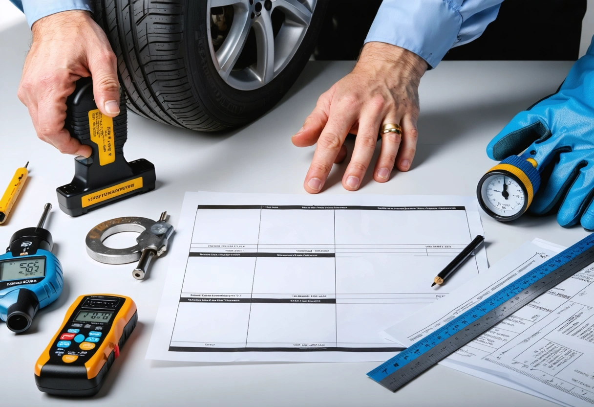 Technicians compare tire wear and panel gaps using organized inspection tools