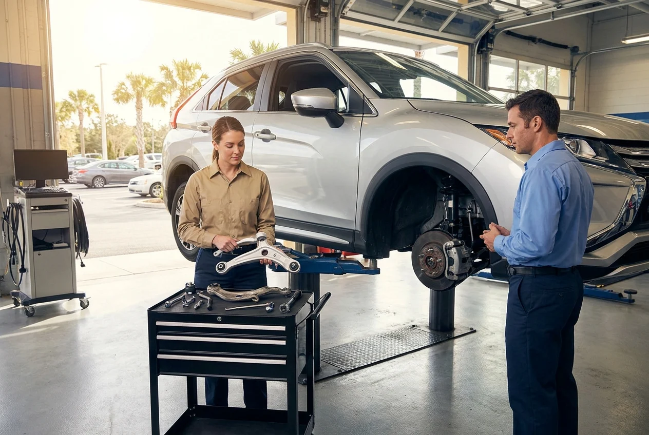 Technicians prepare to replace a bent control arm on a lifted vehicle