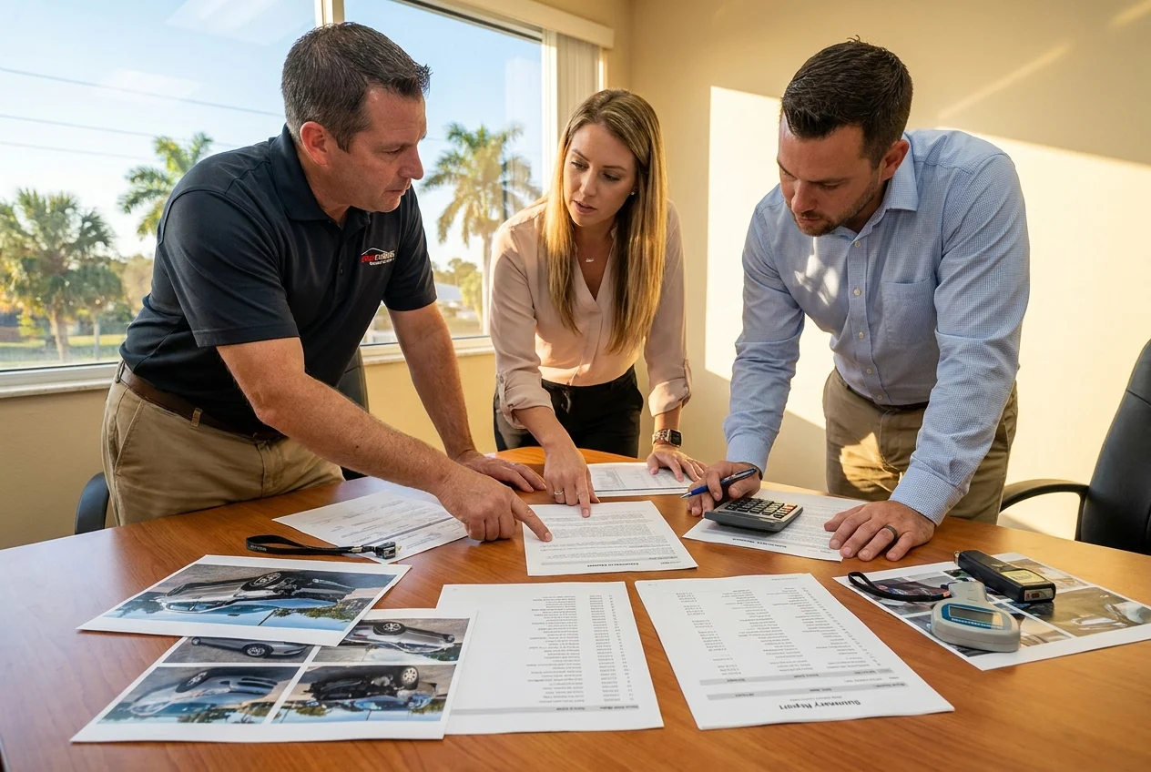 Owner, estimator, and claims specialist compare damage photos and value summary