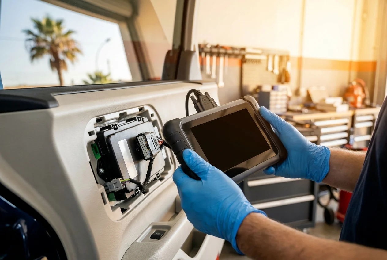 Gloved technician inspects scan tool, connector, and sensor harness beside repaired vehicle panel