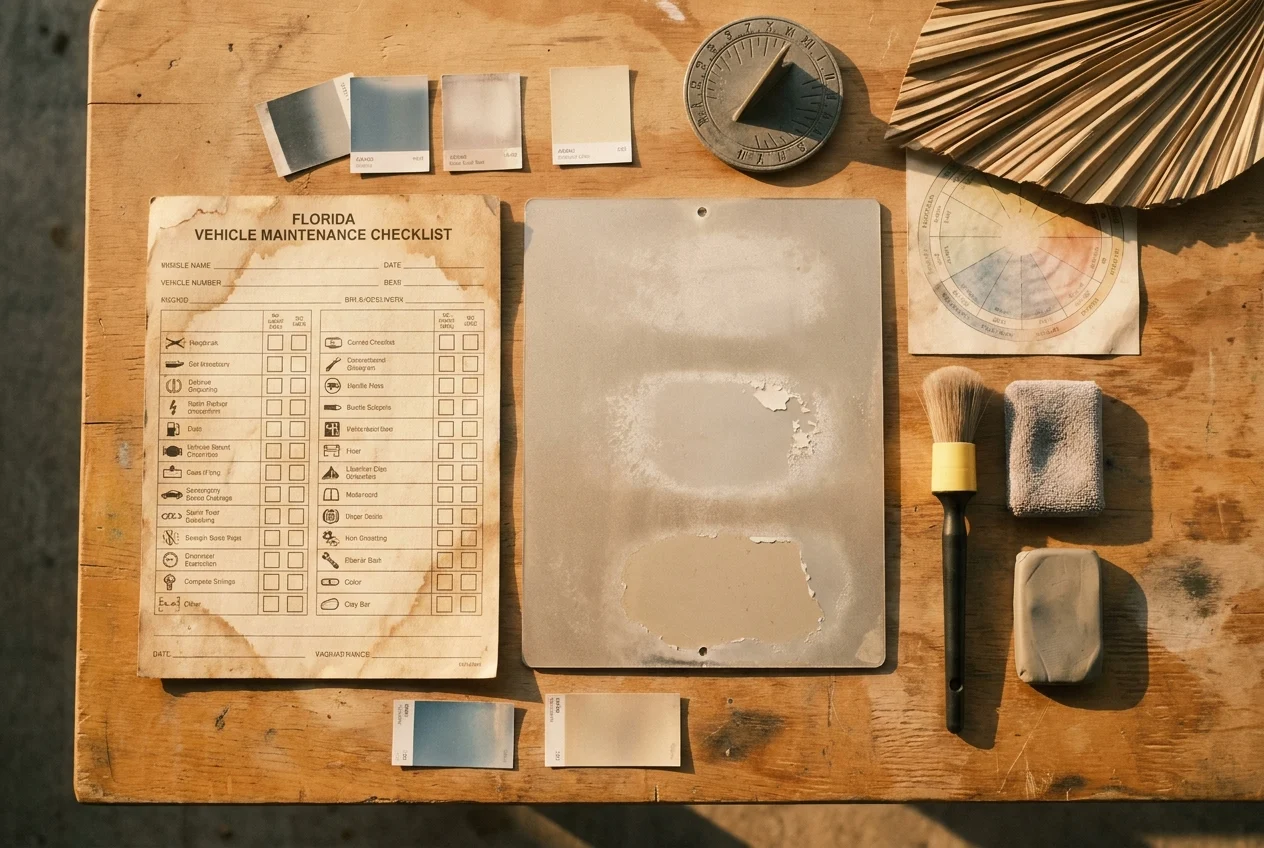 Flat lay of paint failure checklist, samples, and detailing tools