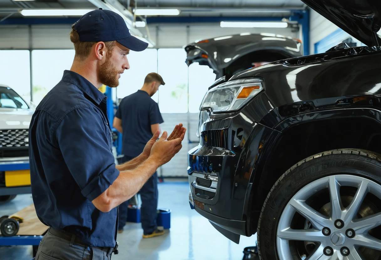 Technician explains collision diagnostics to customer beside lifted car in auto body shop