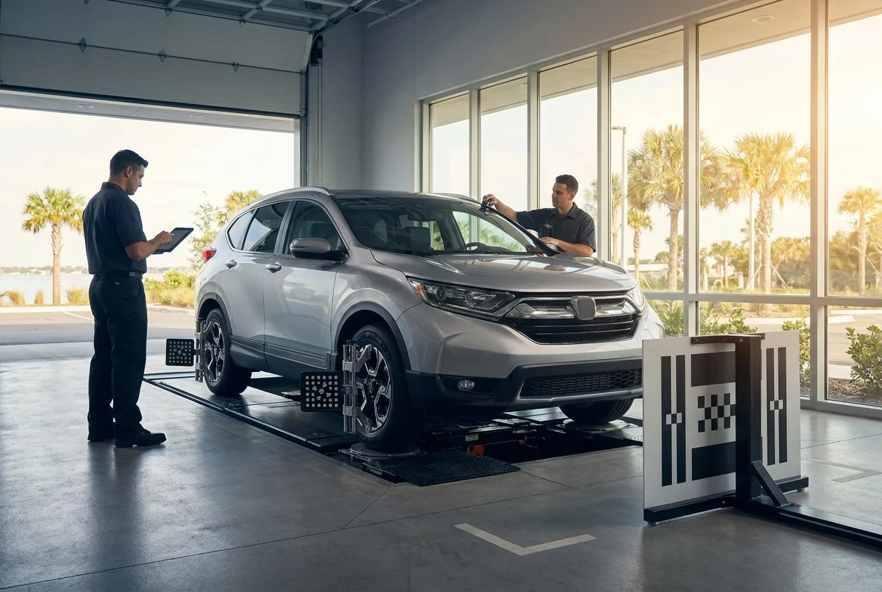 Technicians align crossover wheels and calibrate forward-facing driver assistance camera