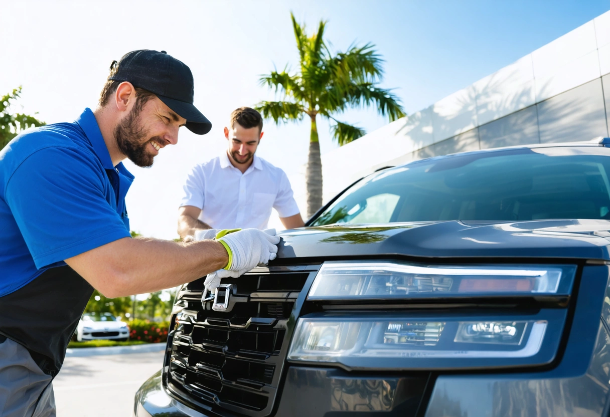 Technician and owner inspect cleaned SUV windshield camera and radar sensors