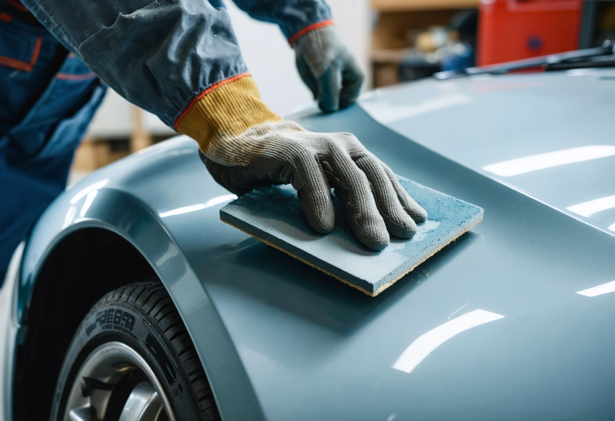 Technician inspecting collision damage and faded paint on a car