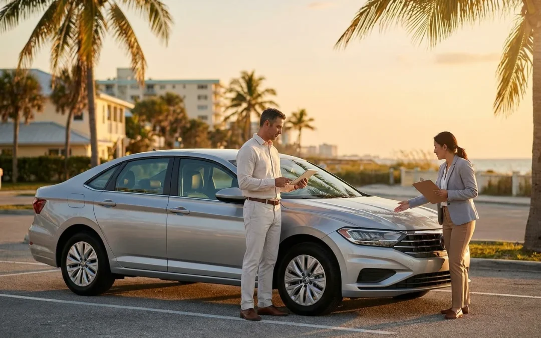 Insurance adjuster inspecting collision damage on a sunny palm-lined Florida street