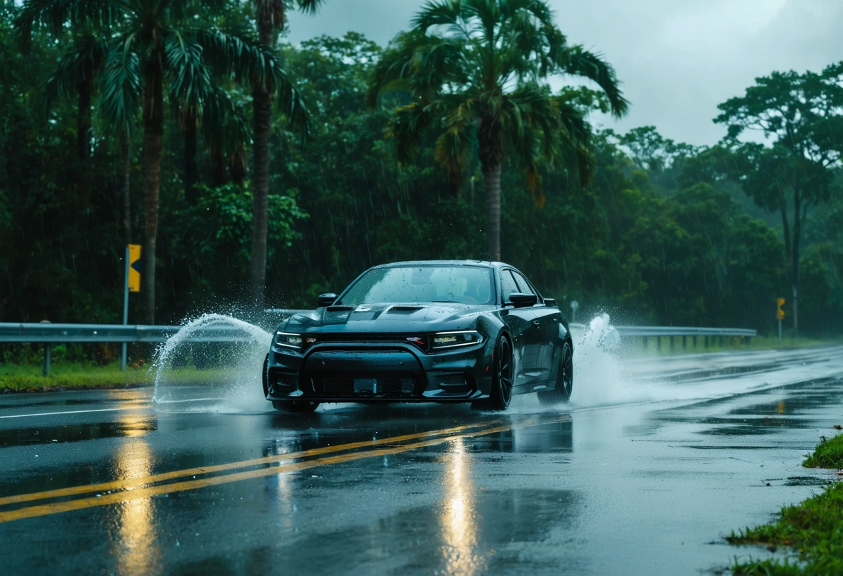 Sedan maintains stable traction while cornering on a rain-soaked Florida roadway