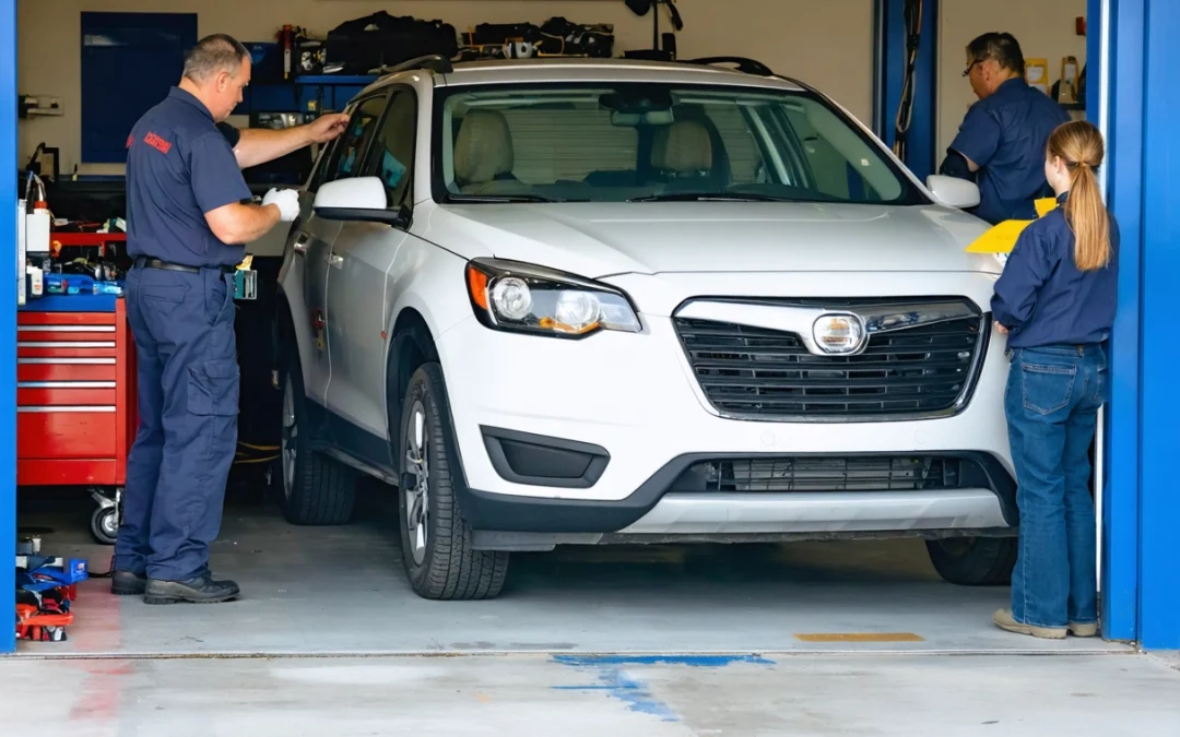 Technicians inspect a subtly scuffed crossover with its concerned owner