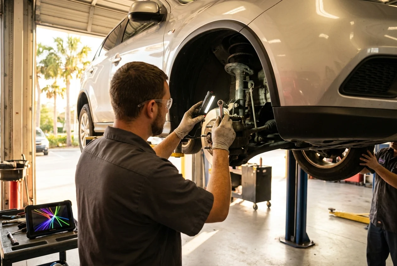 Driver checking unusual fluid leaking beneath a damaged vehicle