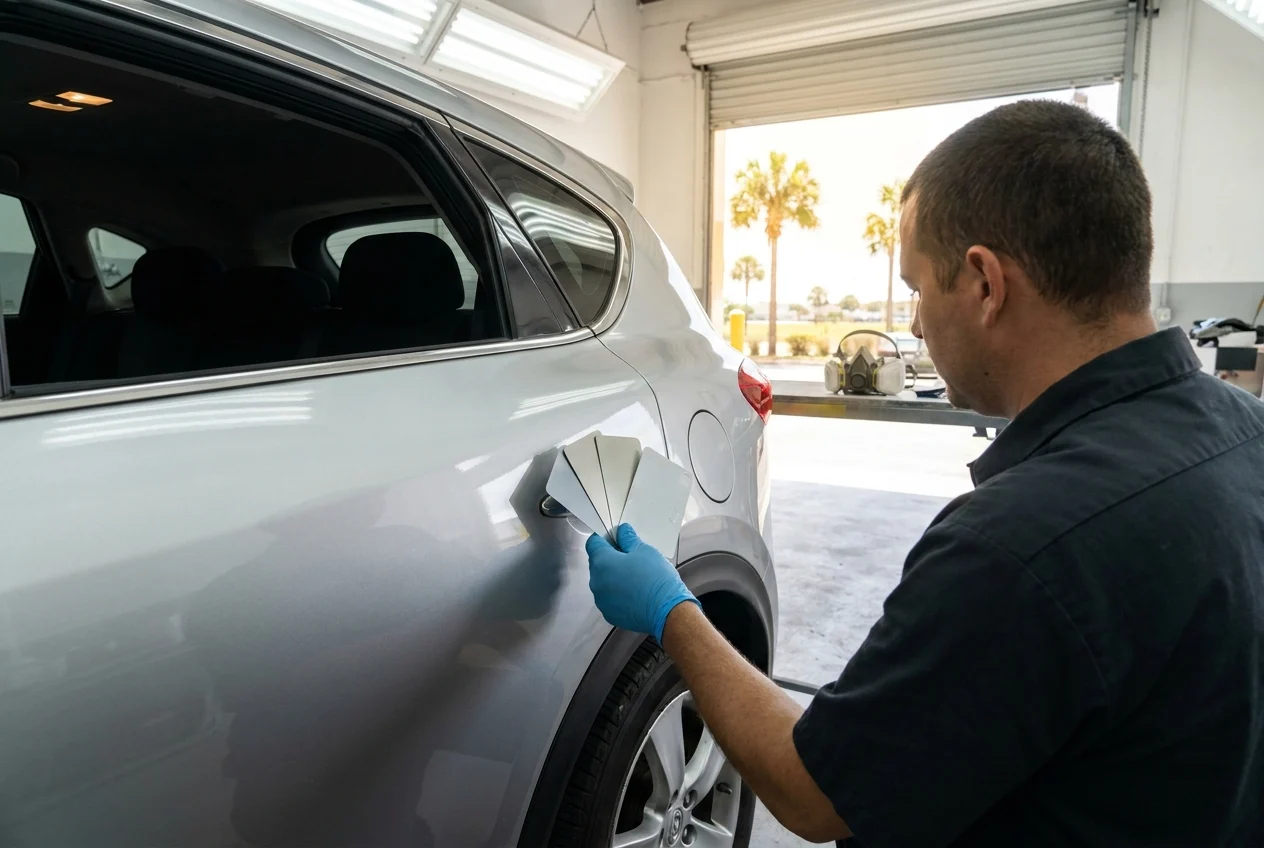 Auto painter matching a vehicle’s original color in a workshop