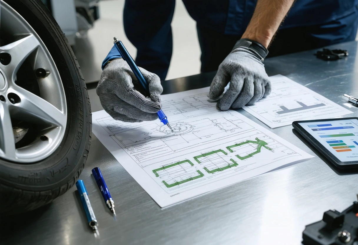 Mechanic examining misaligned wheels and uneven tire wear