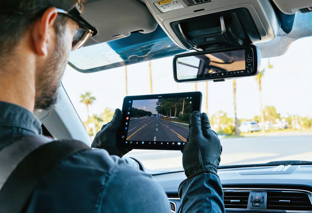Technician verifies replacement windshield alignment and forward-facing camera housing
