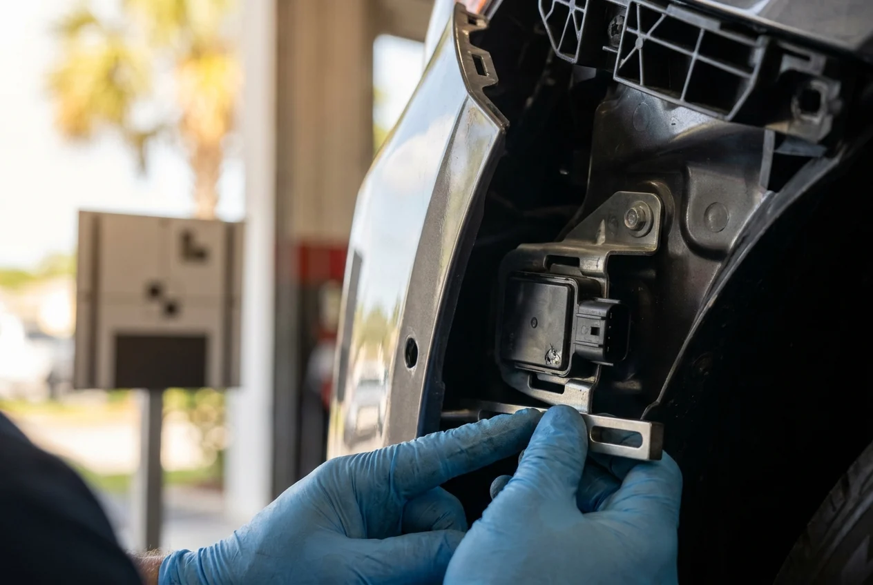 Diagnostic scanner connected to a car in a repair garage