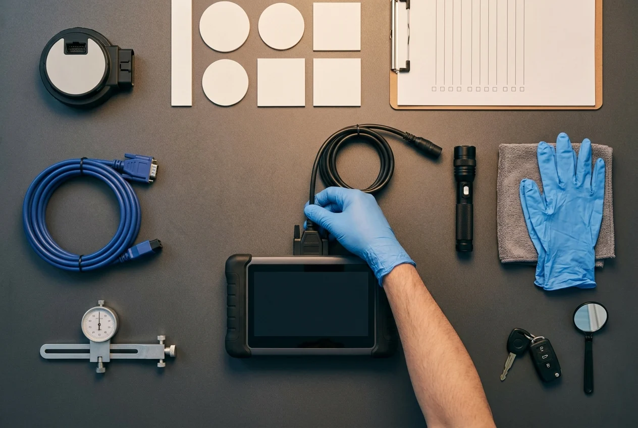 Organized ADAS diagnostic tools prepared on a dark technician workbench
