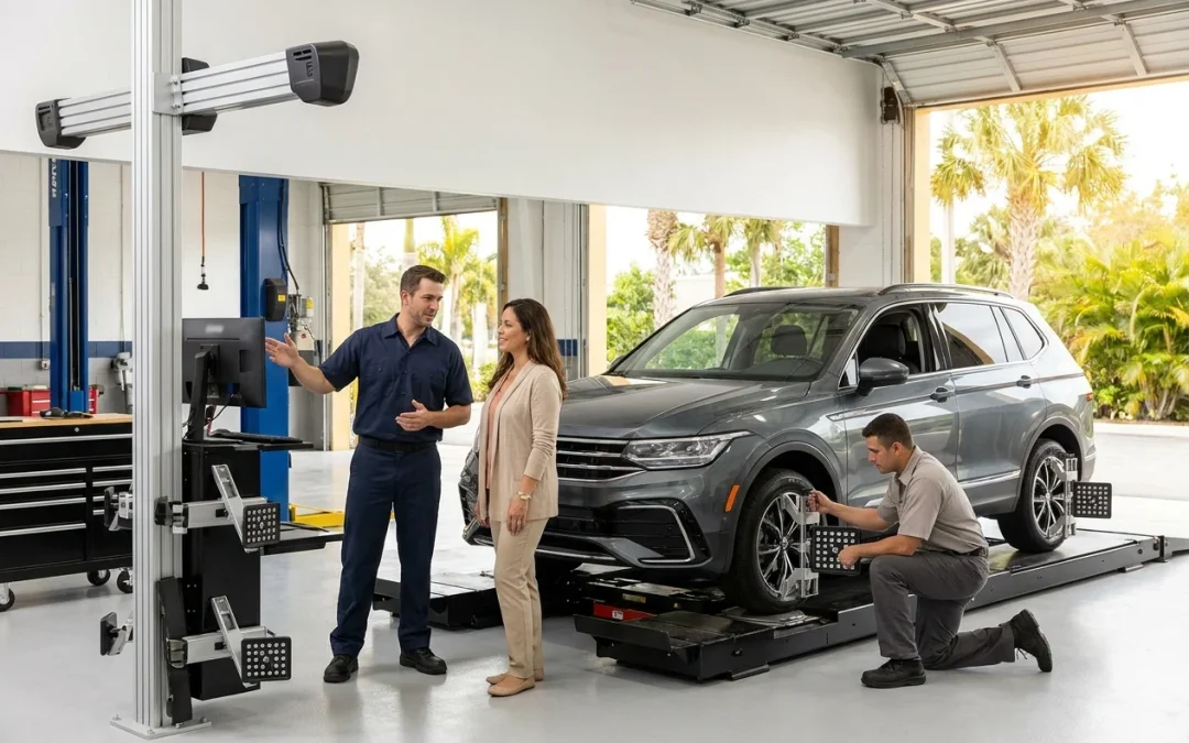 Technicians discuss SUV wheel alignment with owner in bright Florida workshop
