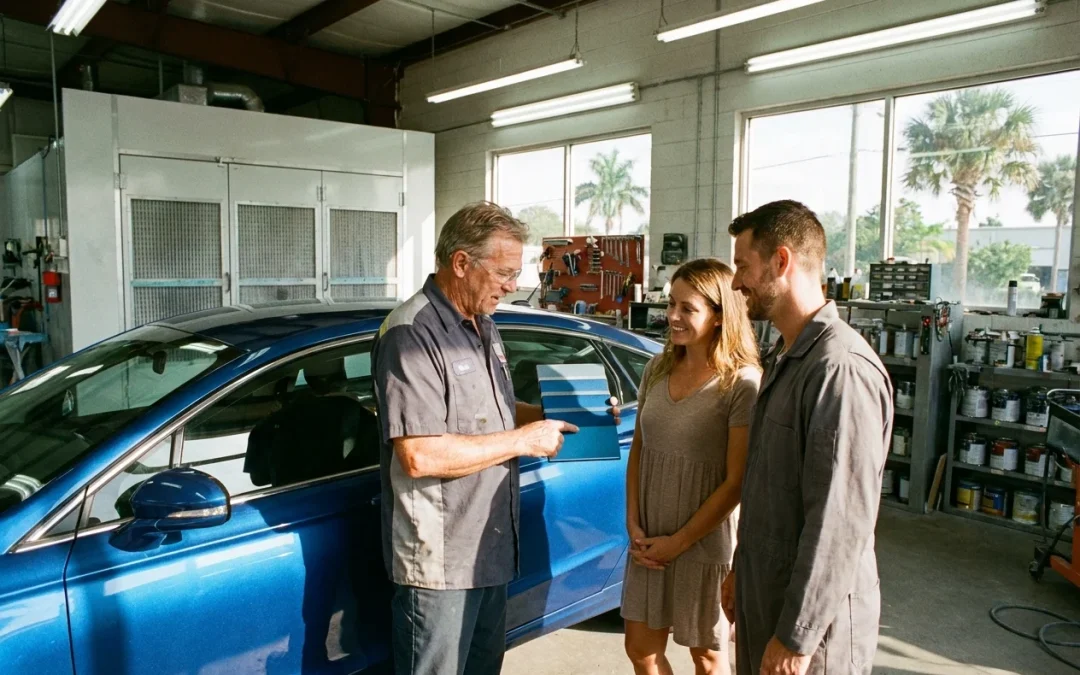 Paint technician explains refinishing layers beside a restored blue sedan