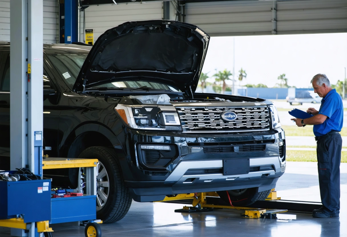 Technician precisely inspects SUV alignment in a clean collision repair shop