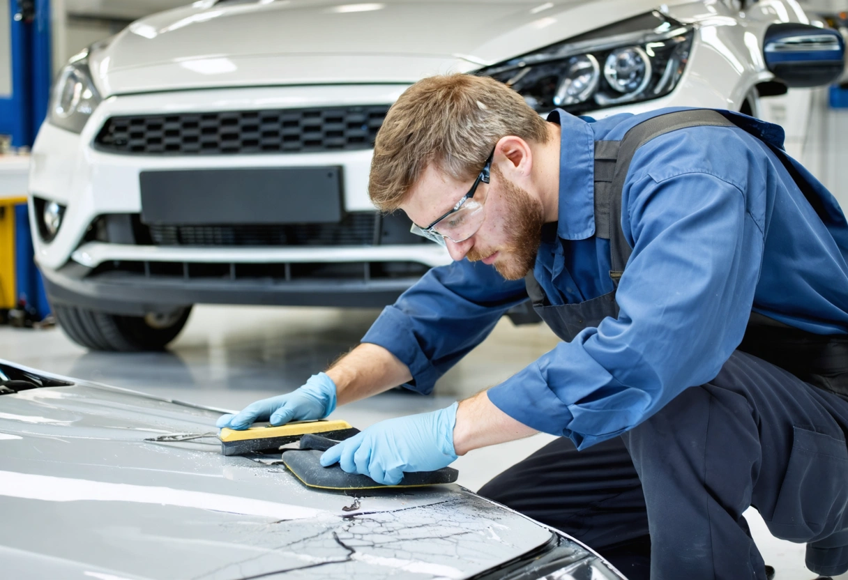 Technician sands a deeply dented car panel in a bright workshop