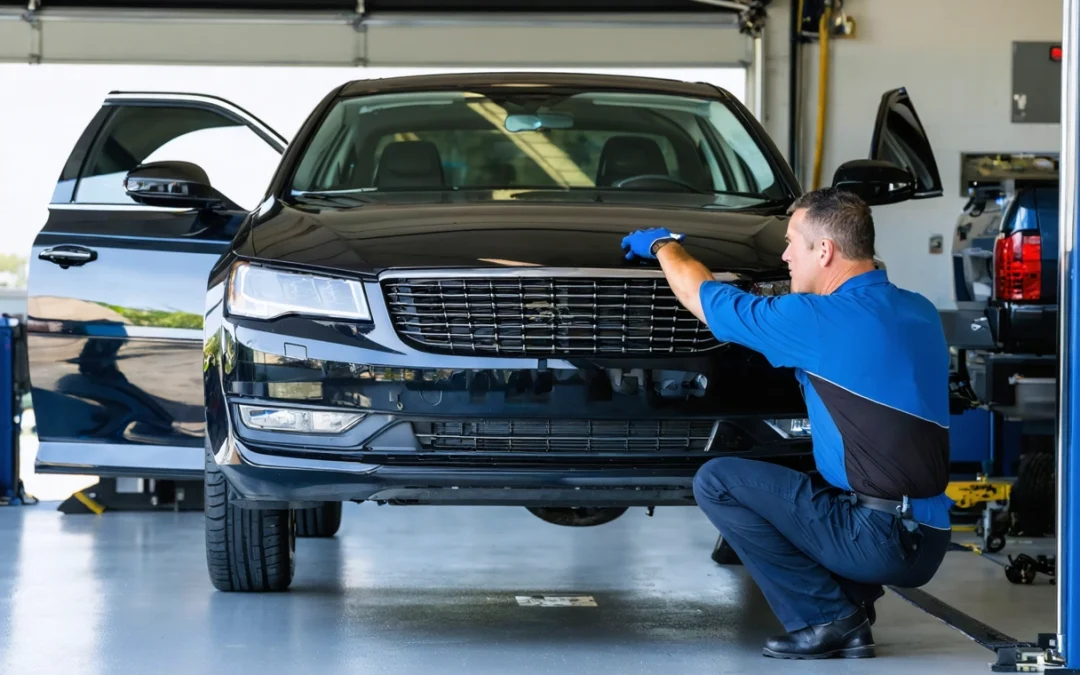 Technician explains sedan frame alignment as specialists inspect precision measurements
