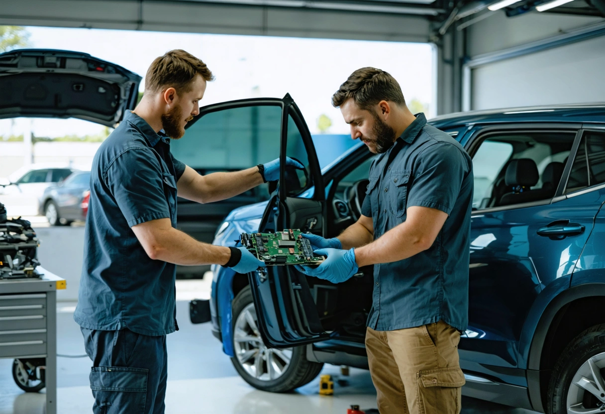 Mechanic examining suspension components beneath a damaged vehicle