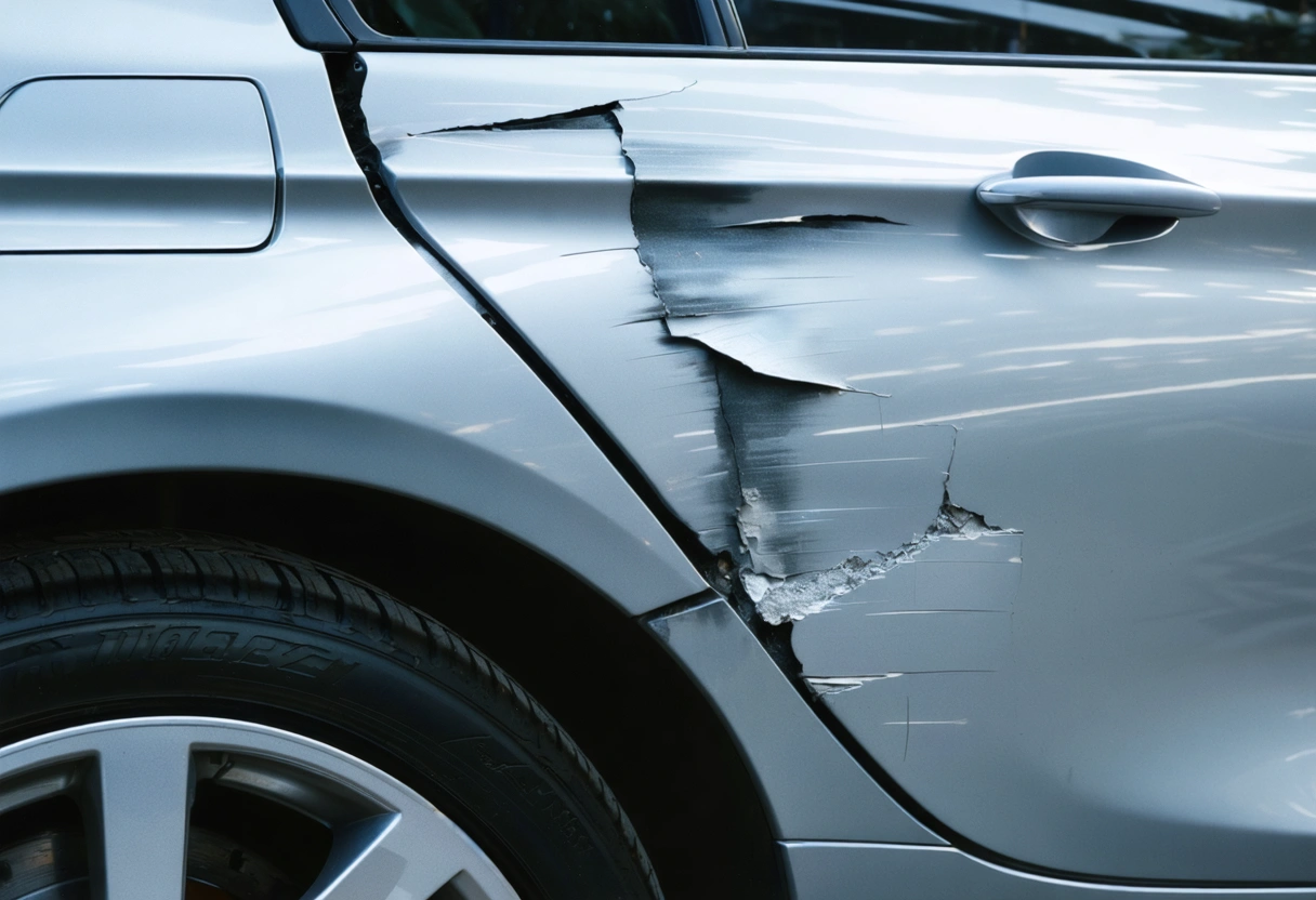 Deep creased damage exposes metal on silver sedan rear quarter panel