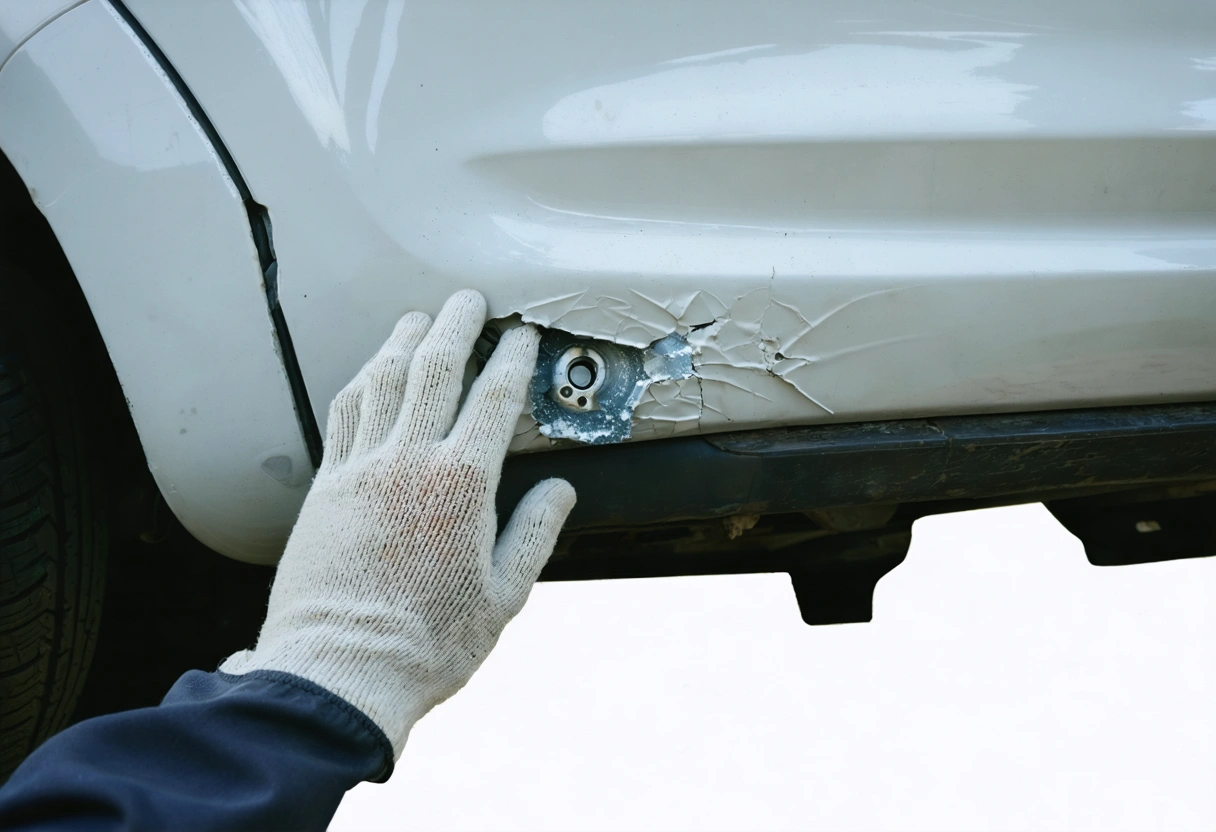 Detailed inspection revealing internal damage behind an intact bumper
